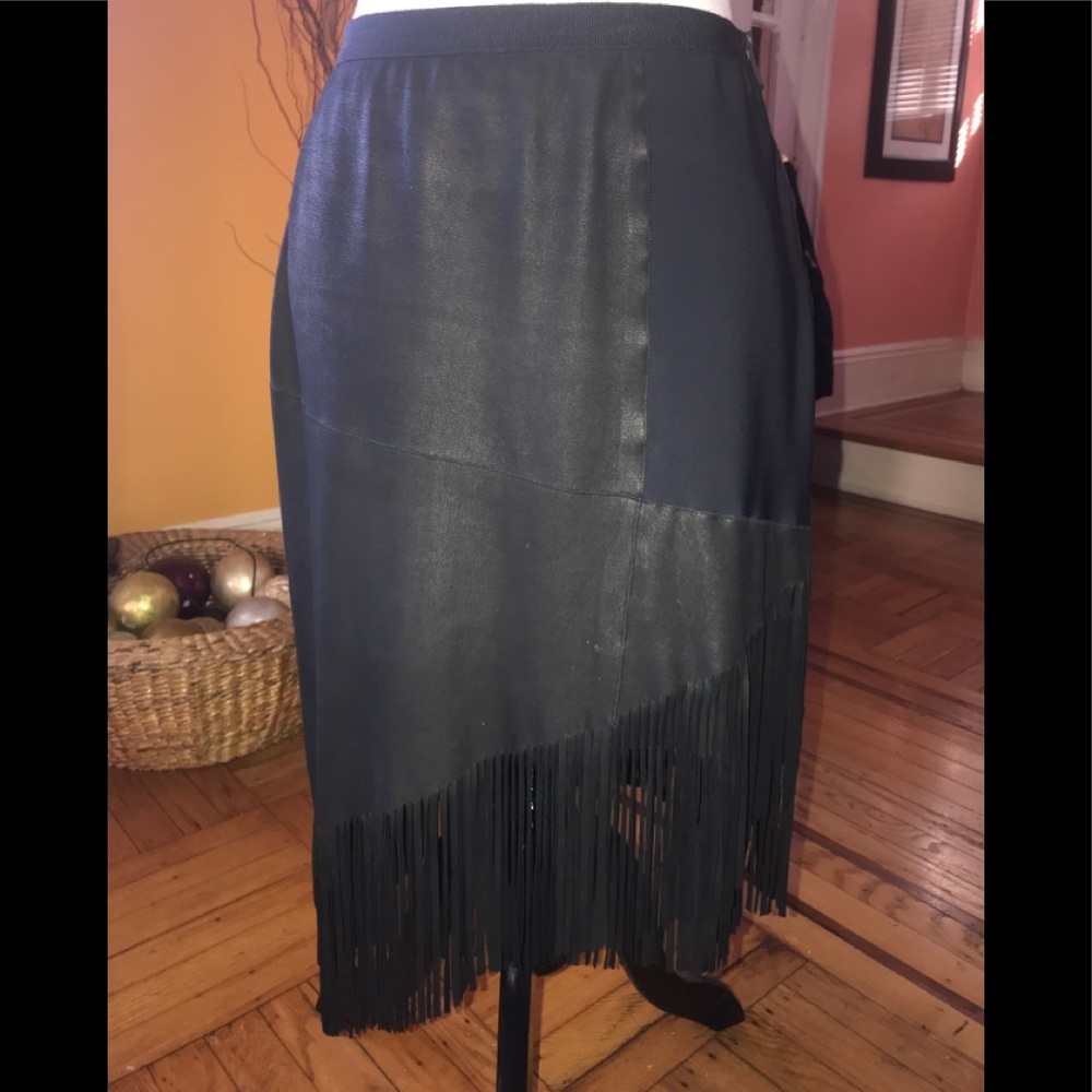 Ellie Tahari mixed media leather fringed skirt